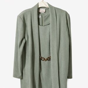 Sage Green Midi Dress with Coordinating Duster and Chain Accent